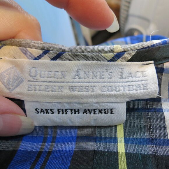 VTG Eileen West Couture Queen Anne's Lace Silk Velvet Trim Plaid Robe Size Large - Picture 9 of 10